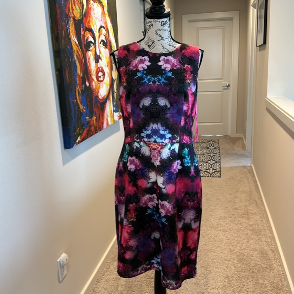 Betsy Johnson Floral Print Scuba Dress Neon Punk Purple - Picture 3 of 12